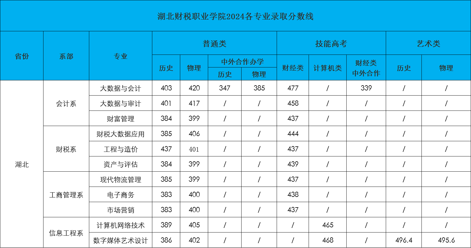 湖北财税职业学院2024年湖北省各专业录取分数线.png