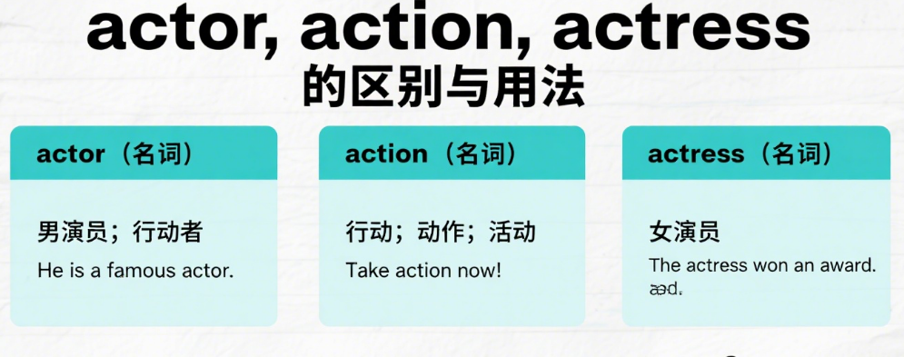 actor, action, actress 的区别与用法 actor, action, actress 的区别与用法